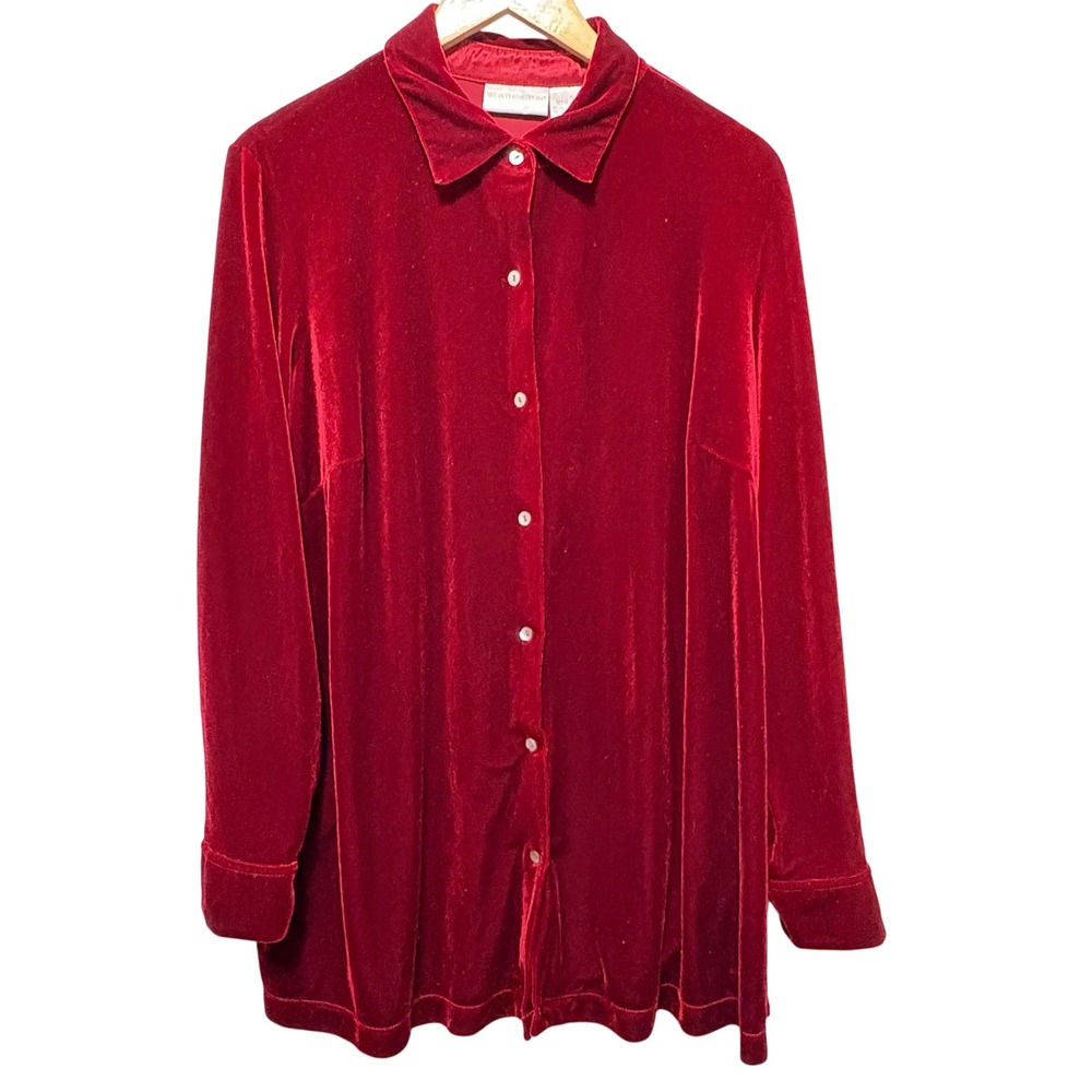 Worthington Womens Tunic 1X Red Velvet Button Front Holiday‎ Glam Party Luxe